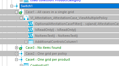 Switch I -q Casel -All cases in a single grid OptionalAttestationCaseFiIterO - sqland( AttestationCa: IsReadonlyo - IsReadonlyo NoltemsText0 - NoltemsText0 Case3 -No items found Case4 - One grid per product 
